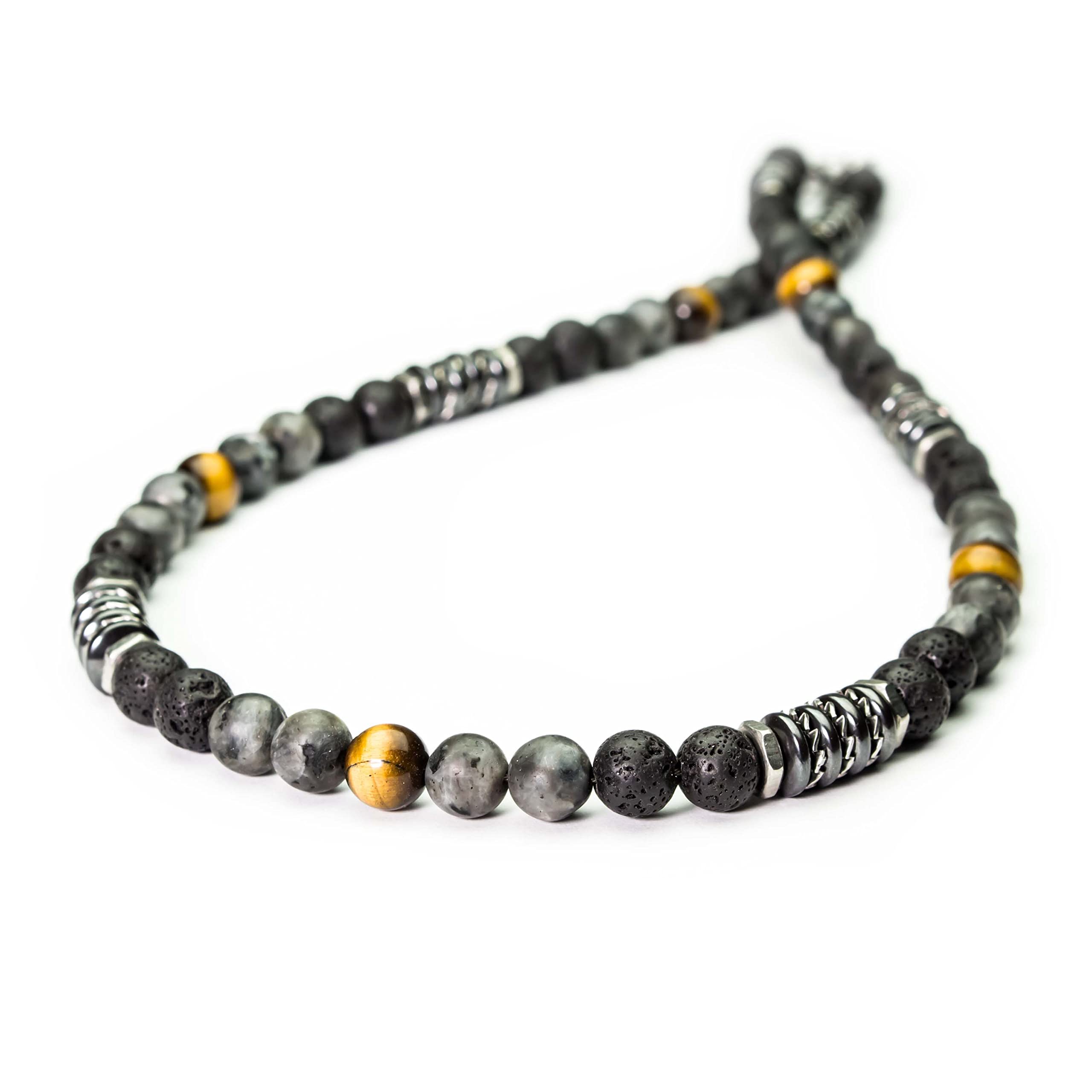 Collier perles 8mm pierre naturelle Œil Tigre Larvikite Labradorite gris mat Lave Volcanique noir rondelles Hématite métal INOX fabriqué en France COLLITEF15