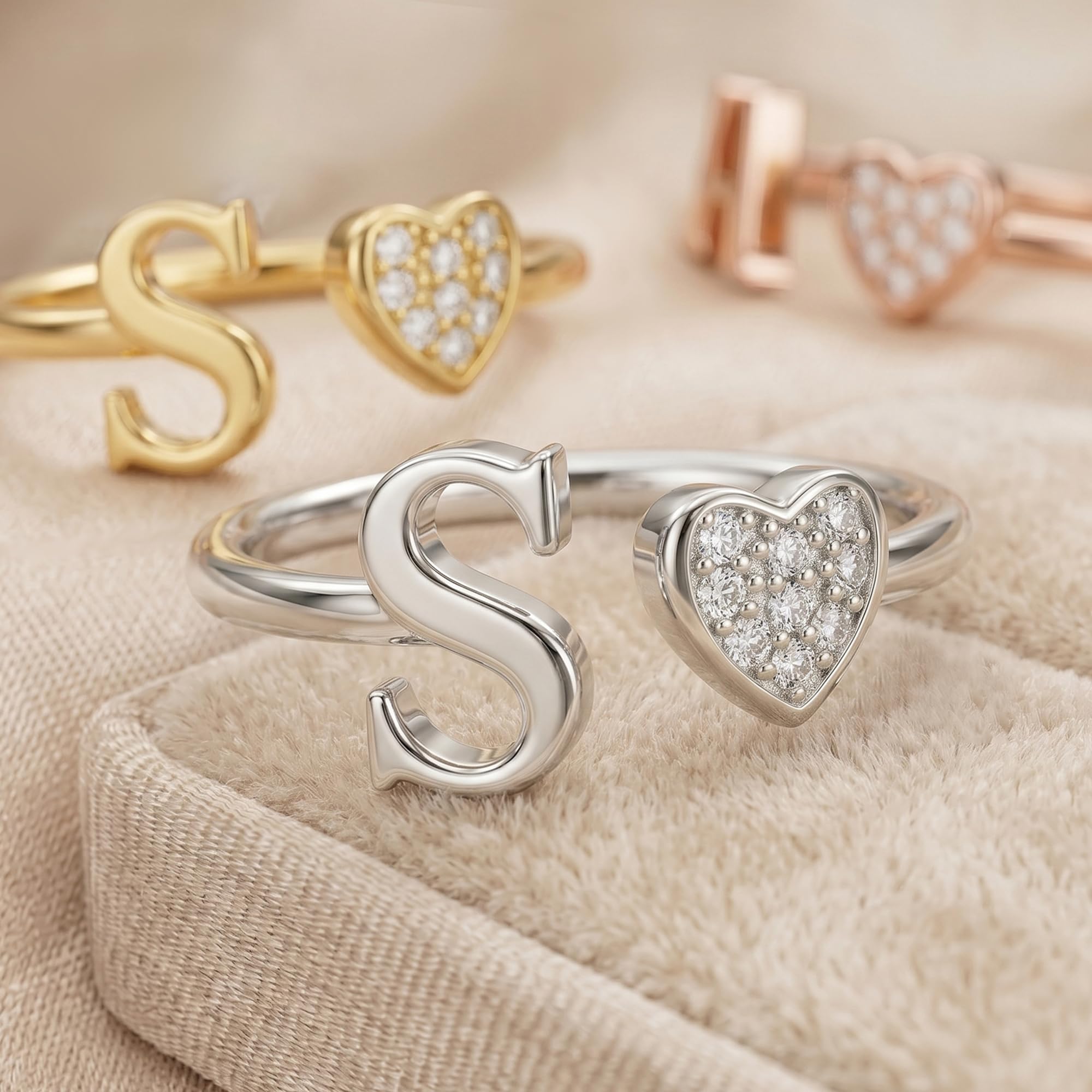 Anillos de plata de ley S925 para mujer, plata de ley con corazón rosa con inicial A-Z, anillos de corazón ajustables para mujer, anillos apilables del alfabeto para mujer, anillos de