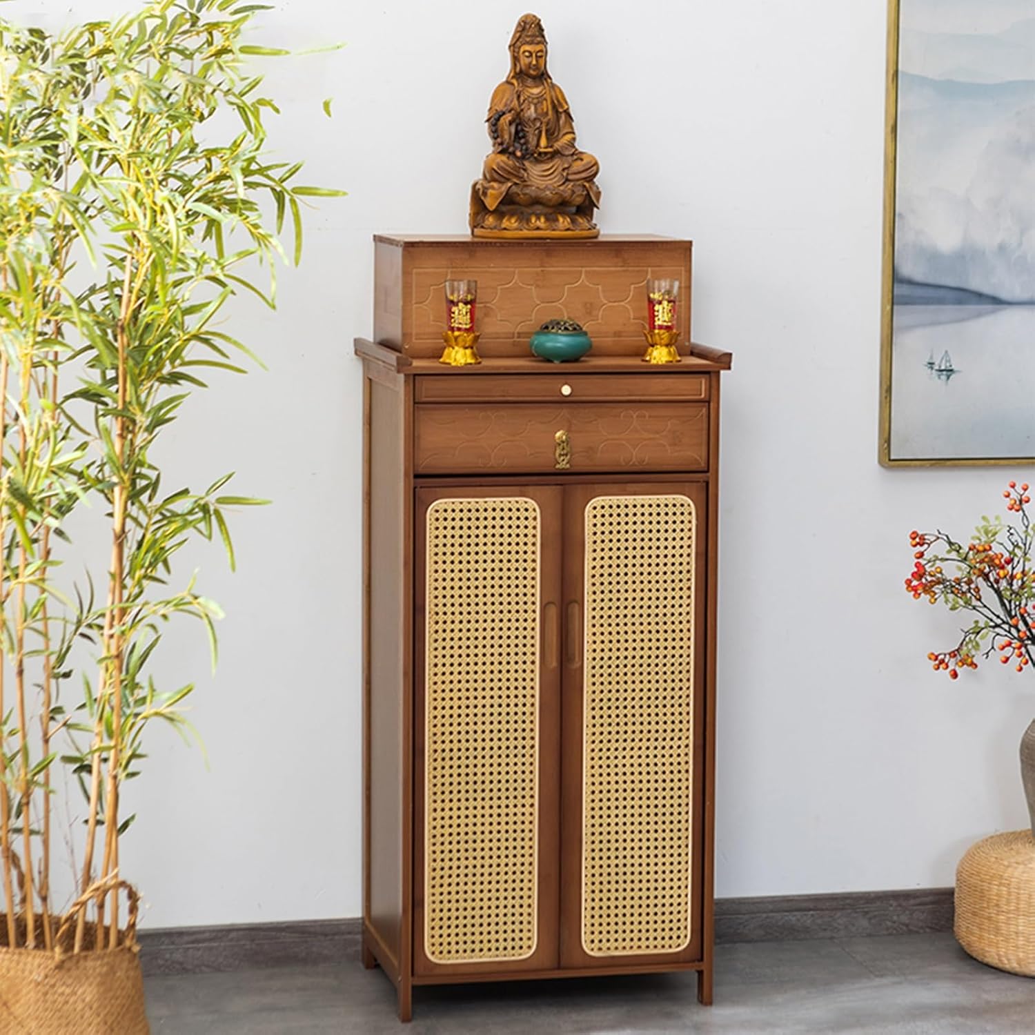 Altar Table with Double Door Storage, Layered Display Shelf, Chinese Buddhist Temple Meditation Table