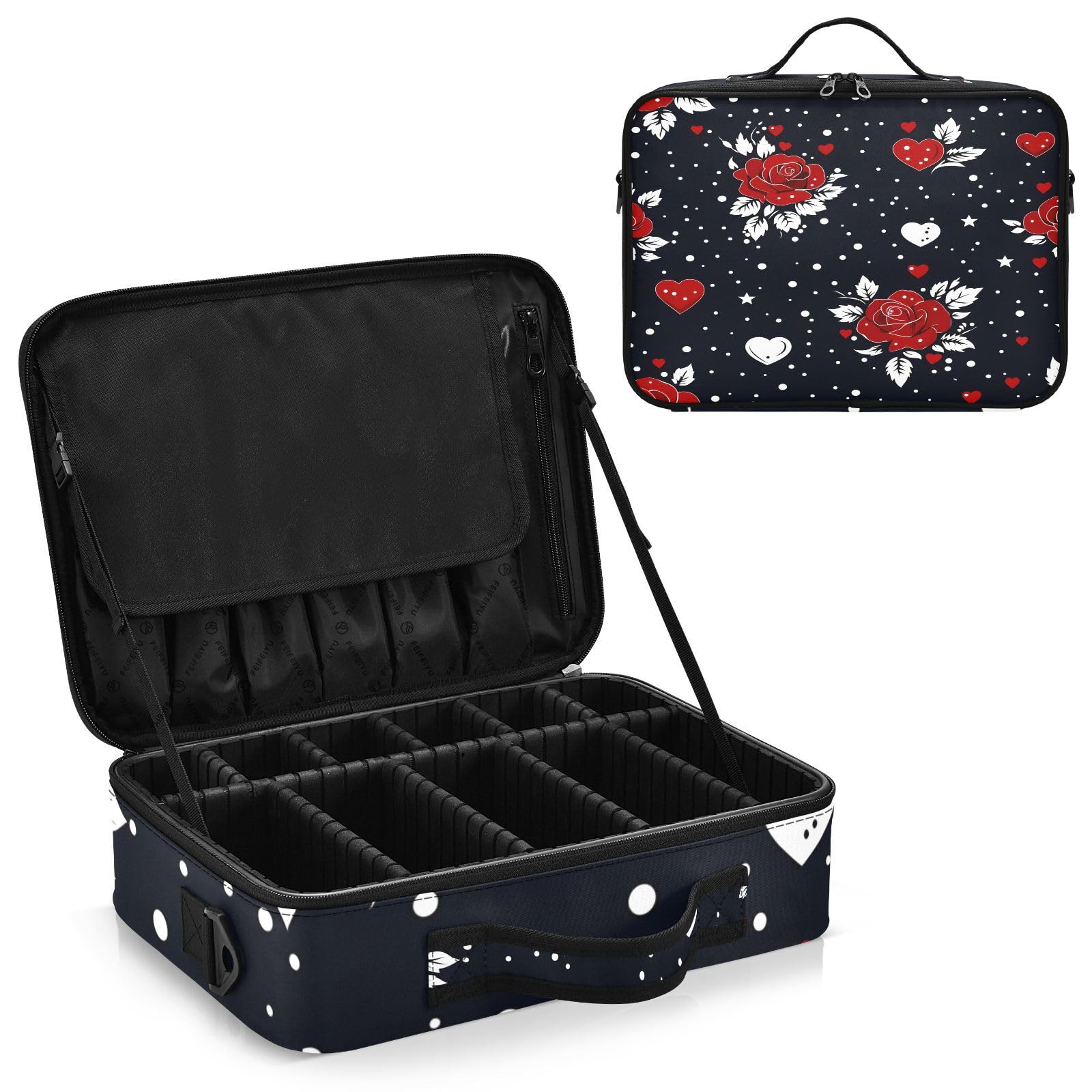 zyrtty Travel Makeup Train Case Red Flower Rose Black Pattern Cosmetic Organizer Portable Storage Bag with Adjustable Dividers for Cosmetics Brushes Toiletry Jewelry Digital Accessories