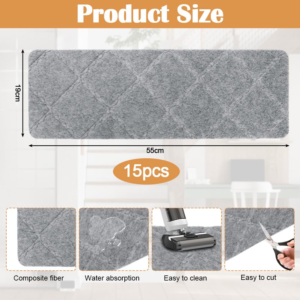 Lot de 15 tapis d'escalier antidérapants et autocollants pour marches en bois, 55 cm x 19 cm, pour enfants âgés et chiens, gris clair