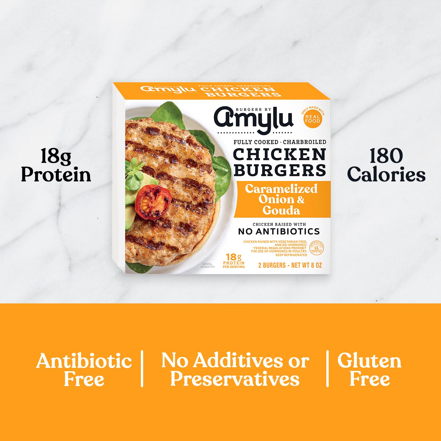 Amylu Foods Caramelized Onion Gouda Chicken Burger Natural Ingredients 18g of Protein Chicken Raised with No Antibiotics Fully — view 4