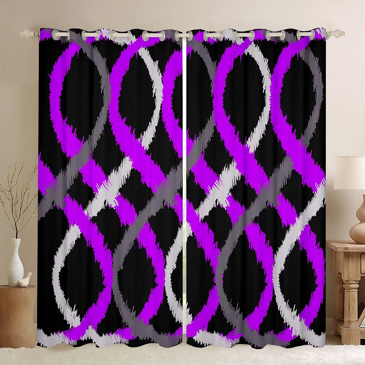 Homemissing Geometric Two-Tone Waves Blackout Curtains Purple and Black Window Curtains Swirl Darkening Dreapes Retro Stripe Line Art Window Treatments W46*L54 — image 1