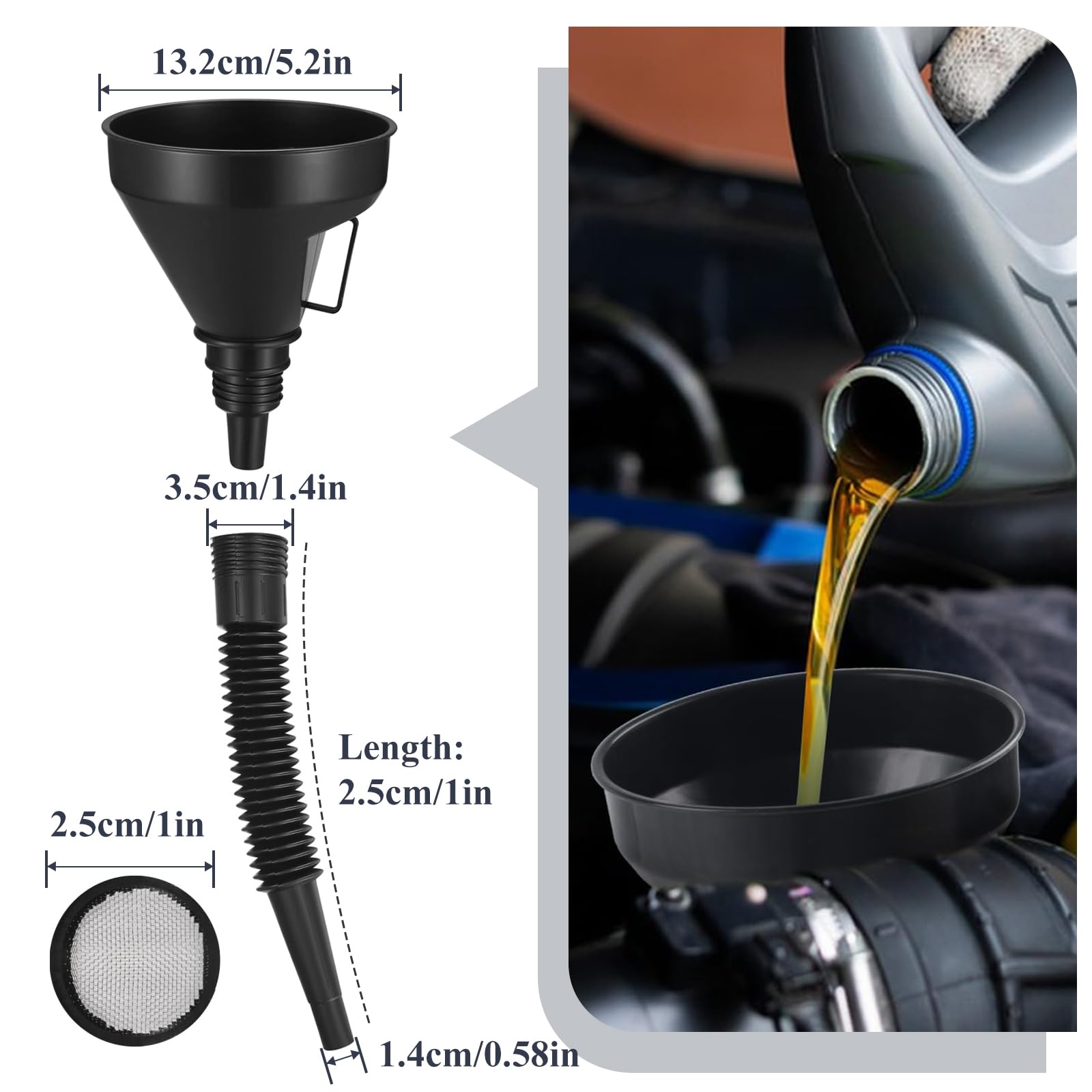 Set di 10 imbuti per auto, a bocca larga, in plastica, per olio a collo lungo, flessibili ad angolo retto, con beccuccio e filtro rimovibili, set di imbuto in plastica per acqua, benzina, refrigerante