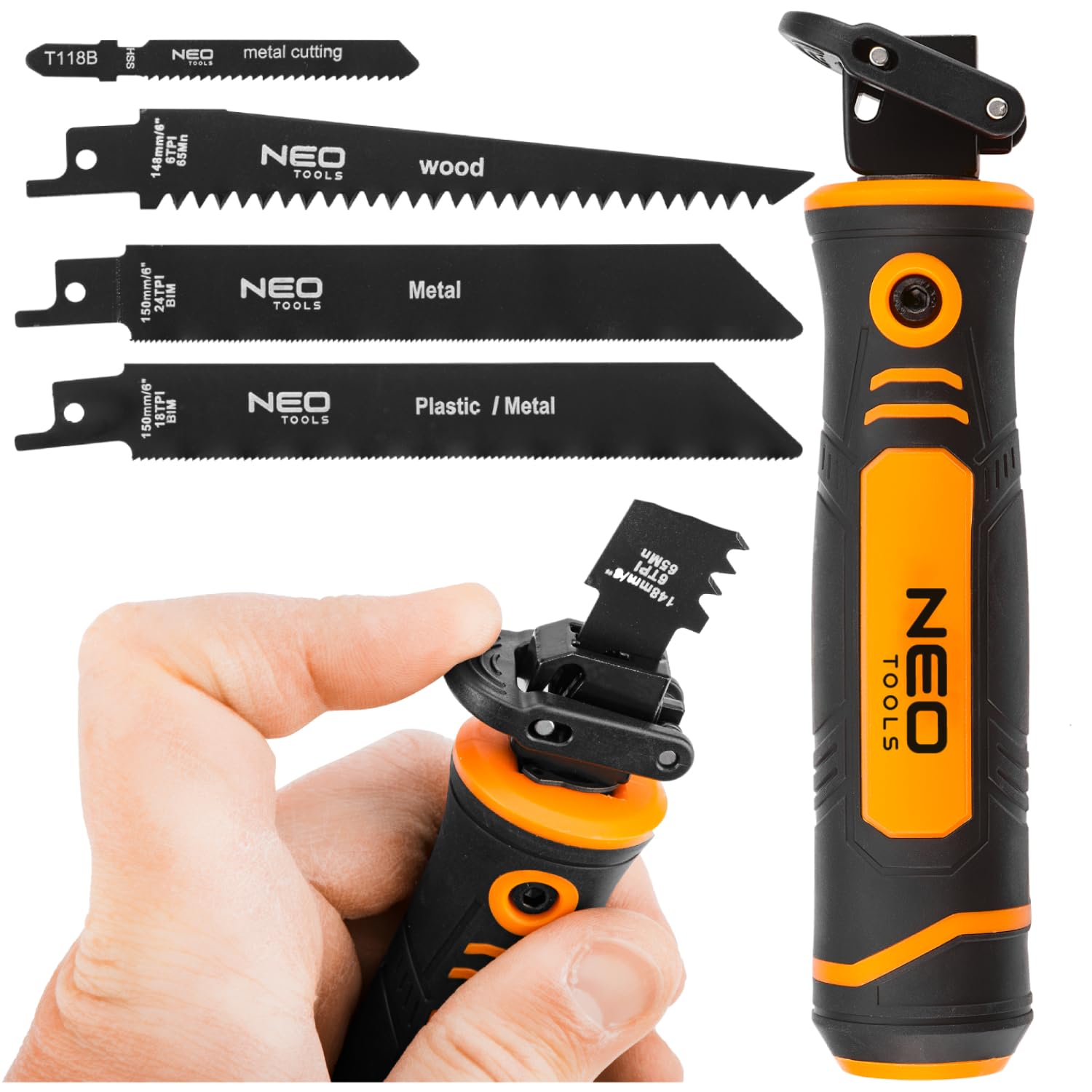 NEO TOOLS Mango de sierra con 4 hojas de sierra sable - Hoja de sierra sable para madera, metal en madera, metal - Conector con dos enchufes para una instalación rápida - Hojas de sierra sable