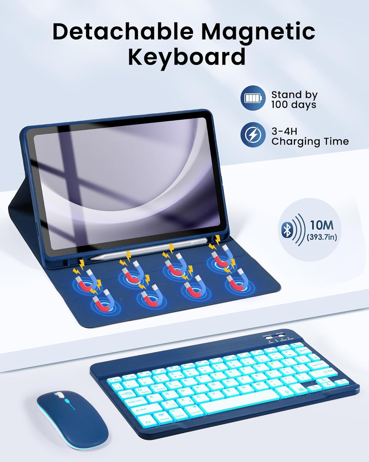 LAMA for Samsung Galaxy 11 Inch Tab A9 Plus 2023/ Tab A11 Plus 2025 Keyboard Case with Mouse, 7 Colors Backlit, Thin Case, Detachable Keyboard, Wireless Mouse, S Pen Holder, Lightweight, Navy Blue