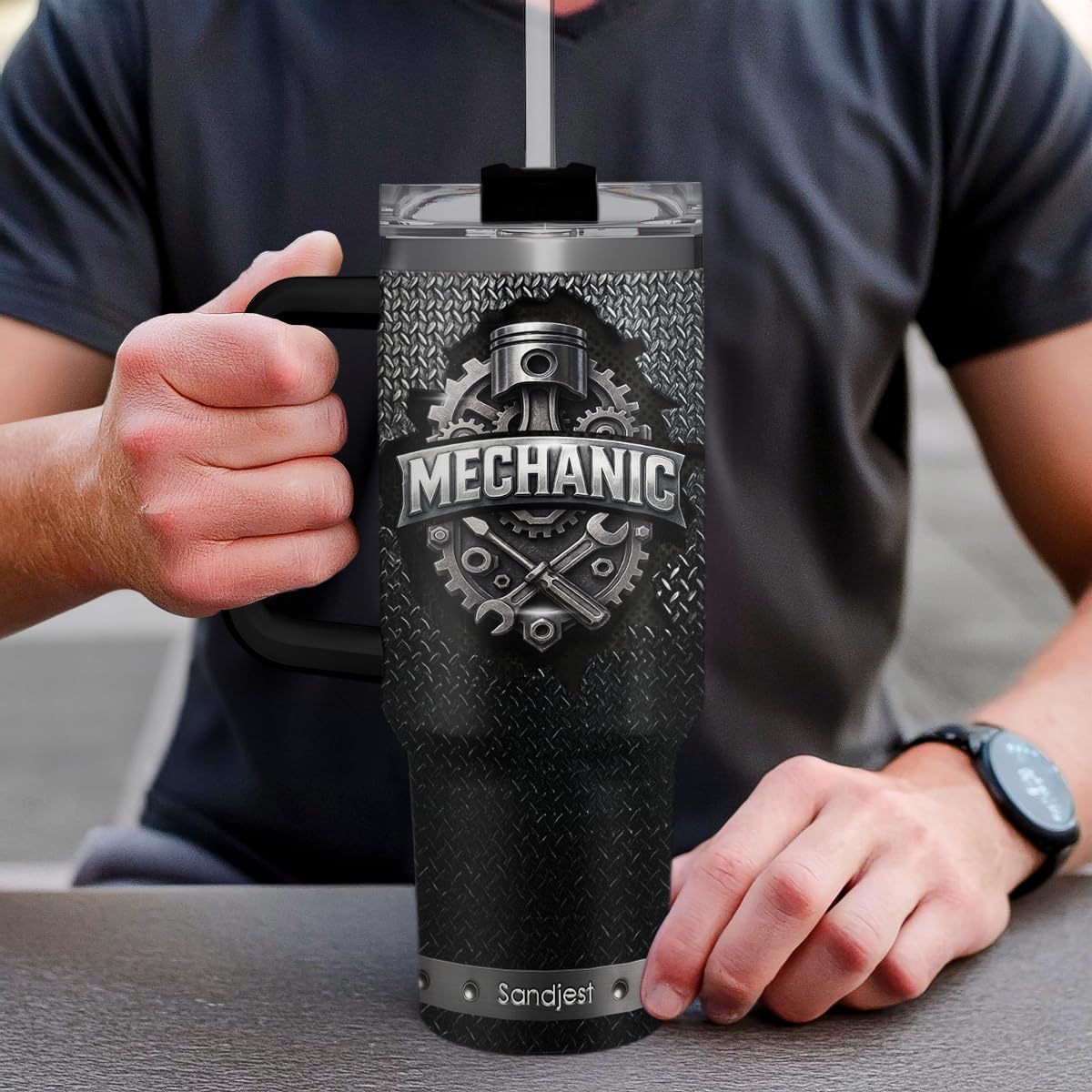 SANDJEST Mechanic Gift for Men, 40oz Stainless Steel Insulated Coffee Tumbler With Lid & Straw, Travel Mug Gift for Dad Husband, Christmas Birthday Father's Day - Image 7