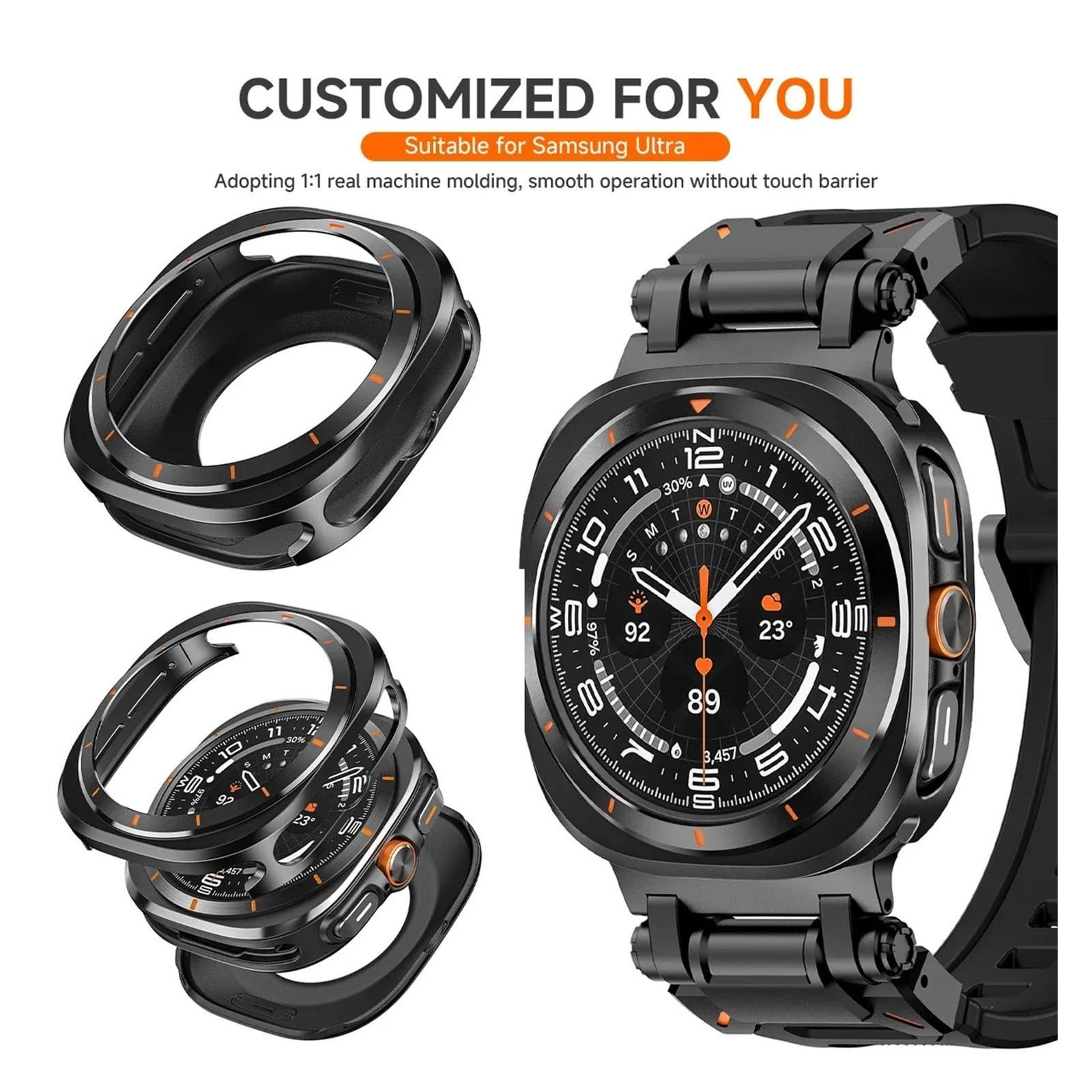 Caja de metal Correa de caucho fluorado para Samsung Galaxy Watch 7 Ultra 47 mm Funda protectora de metal Pulsera deportiva para Galaxy Ultra 47 mm Correas de reloj FKM