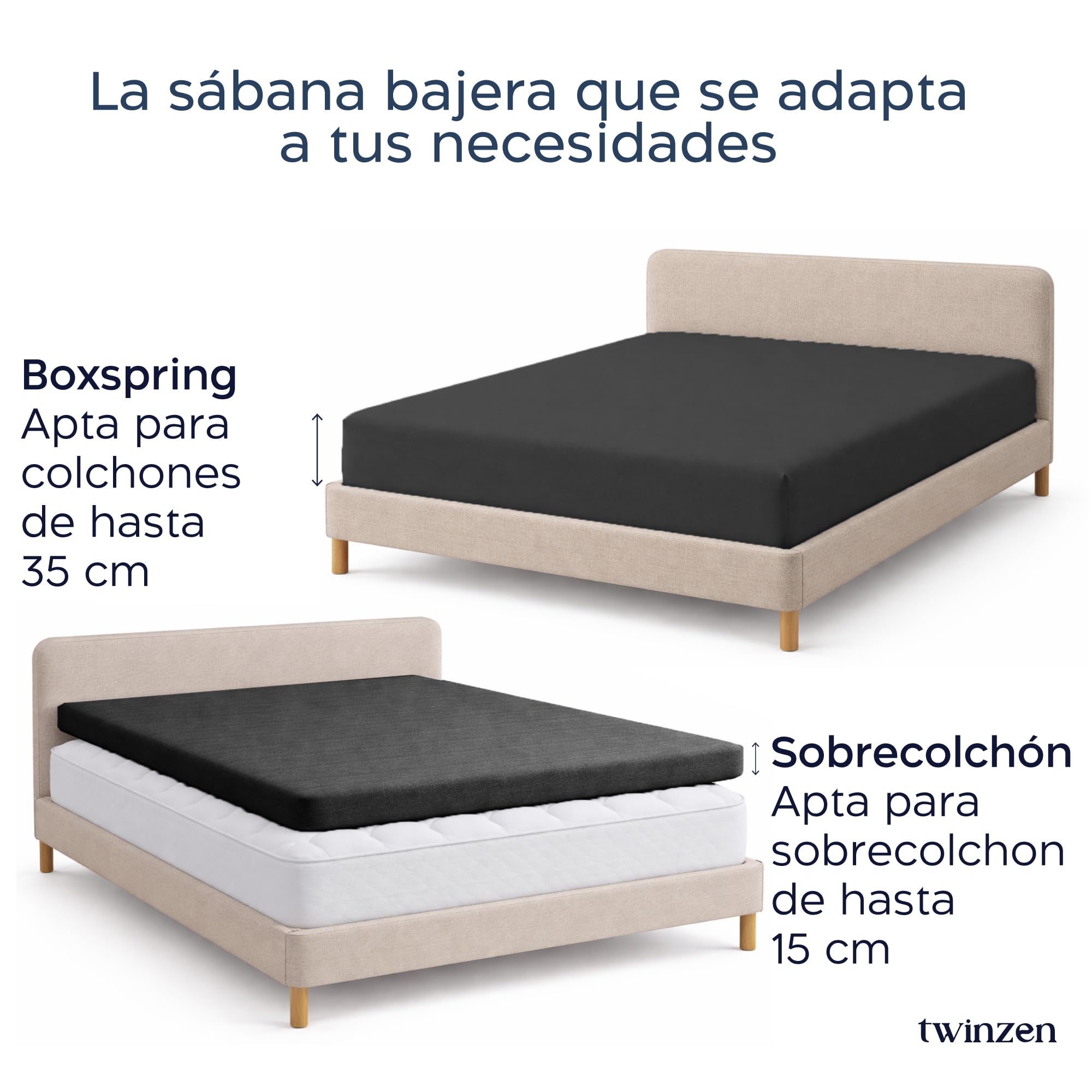 Twinzen - Sabana Bajera para Boxspring - 180x200 - Algodon Elastano | Gris oscuro · Sábanas Ajustables Para Colchón · Hasta 37cm de Altura · Oeko Tex Certificado · 100% Algodón · 360° Elastico