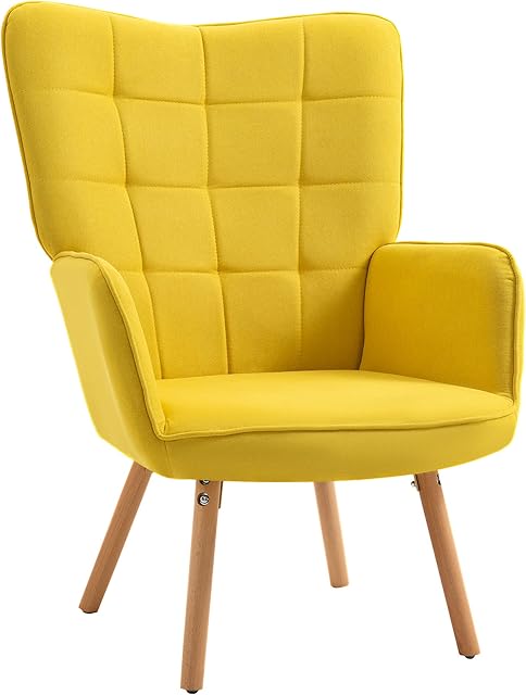 HOMCOM Modern Accent Chair Velvet-Touch Tufted Wingback Armchair Upholstered Leisure Lounge Sofa Club Chair with Wood Legs, Yellow