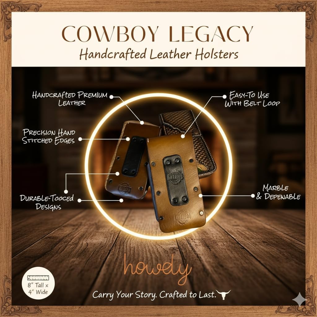 Western Leather Phone Holster with Knife Holder – Hand Tooled Cowboy Design – Made in Mexico – Belt Clip Case for Smartphones – Rodeo Style EDC