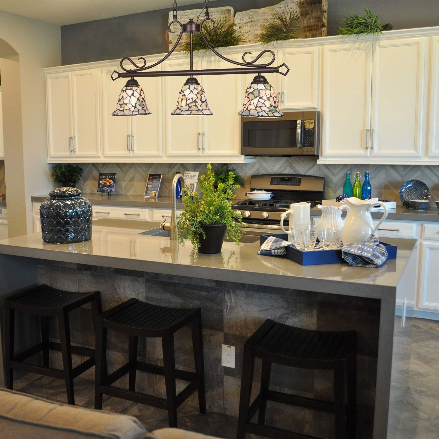 Creative Product ARTZONE Tiffany Chandelier 3-Light Natural Stone Mosaic Pendant Lighting for Dining Room Kitchen Island (W31 H85 Inch)