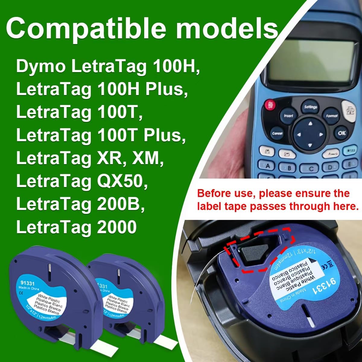 6-Pack Label Tape Compatible with DYMO LetraTag 91331, White Plastic, 12mm x 4m (1/2" x 13'), for LetraTag 200B, LT 100H, 100T Plus Label Makers.