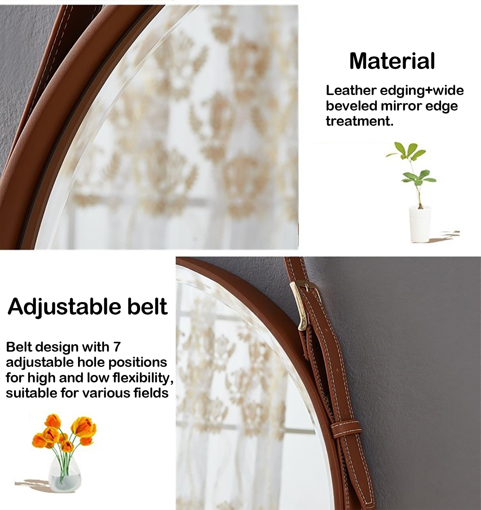 Amazon.co.jp: 装飾壁掛けミラー、レザーストラップ付き吊り下げミラー
