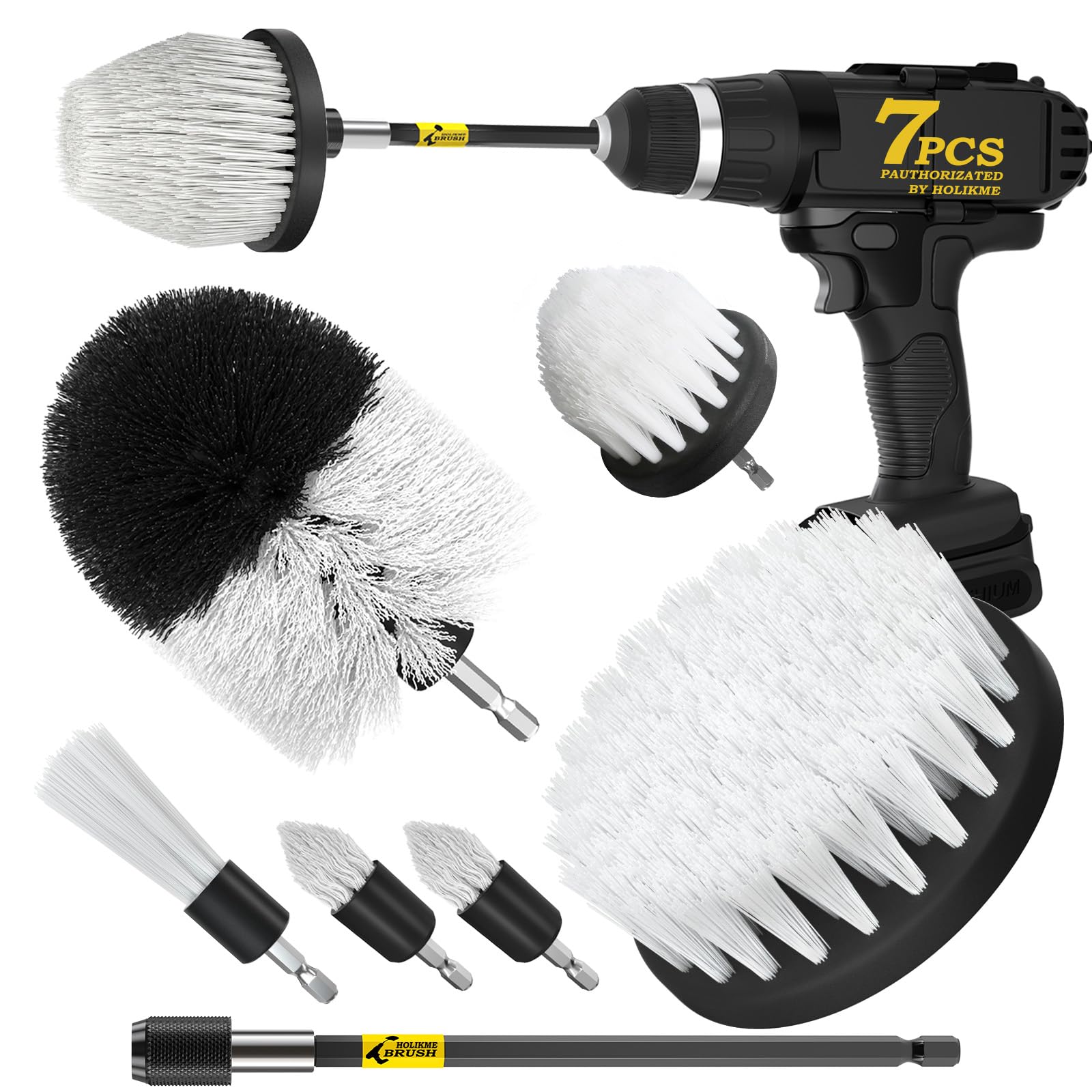 Holikme 7Pack Drill Brush Attachment Set-Car Interior Detailing Kit，Power Scrubber Brush Extended Long Attachment for Bathroom, Car，Shower，Carpet,Boat,Kitchen，Floor and Tile，White