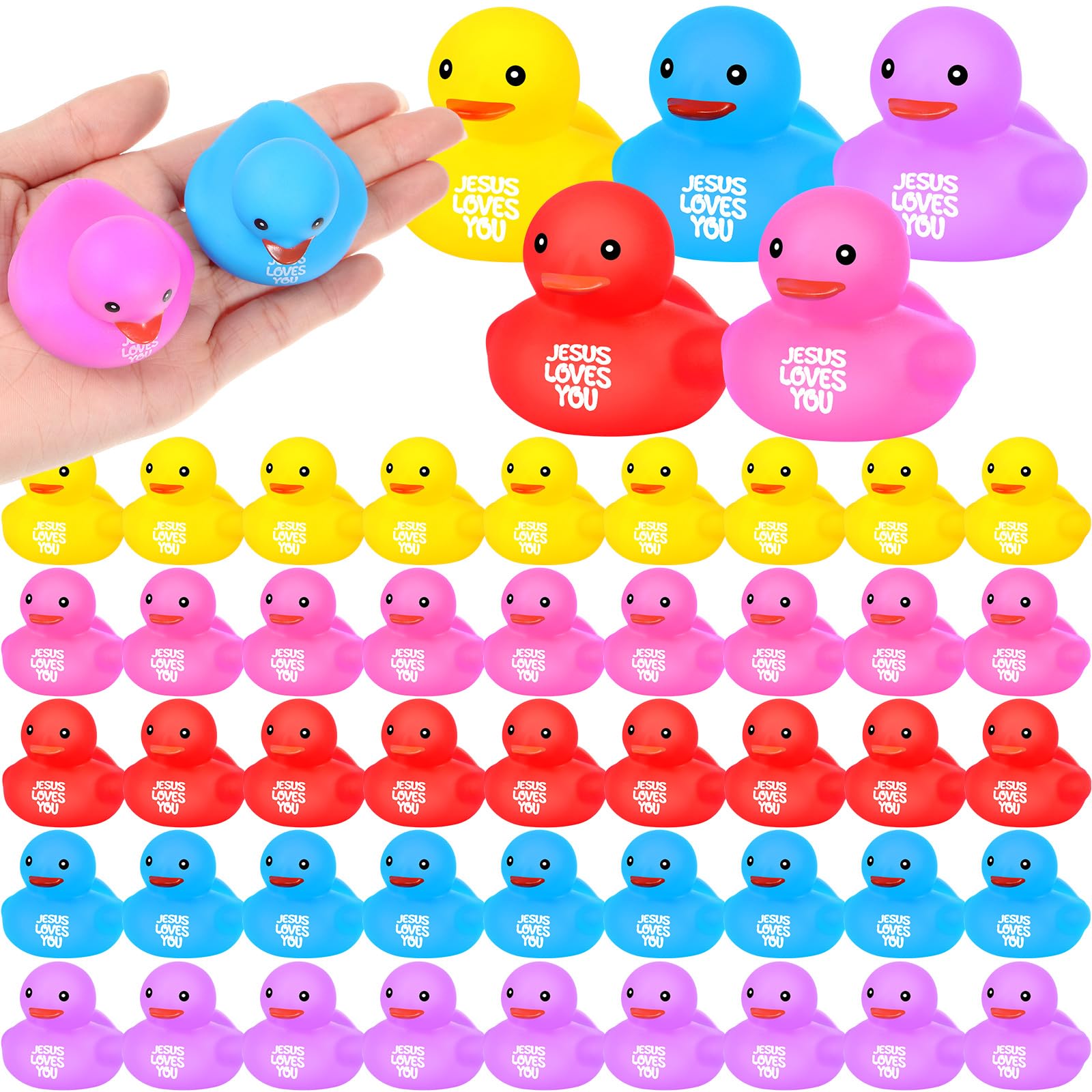 Deekin 60 Pcs Jesus Loves You Rubber Ducks Bulk Multicolor Easter Rubber Ducks for Pool Religious Party Favors Birthday Gifts Church Reward (2.2 Inch)