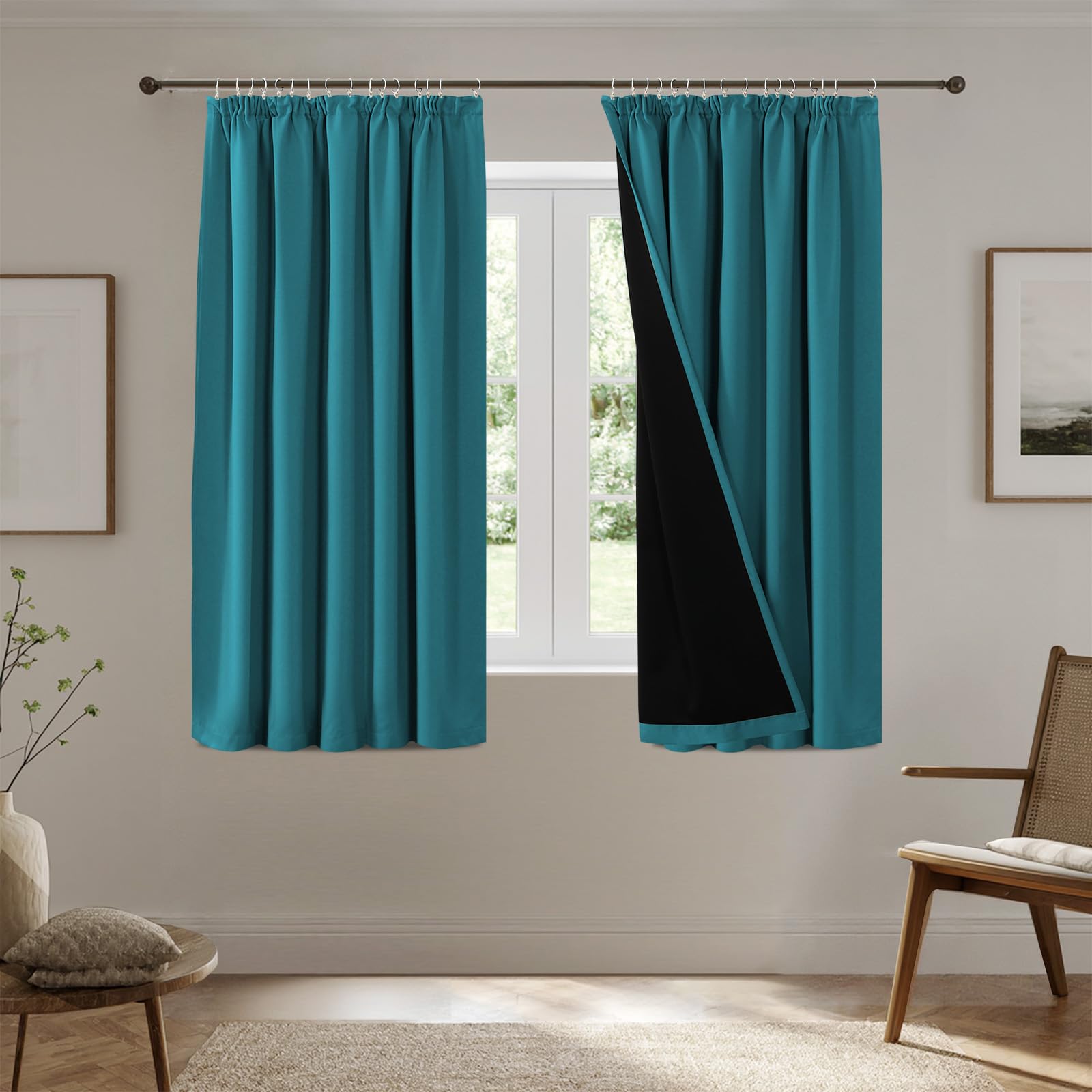 H.Versailtex 100% Blackout Pencil Pleat Curtains Thermal Insulated Drapes for Bedroom, Living Room, Short Window with Hooks for Track Rail, W66 X L54Inch, 2 Panels, Turquoise Blue