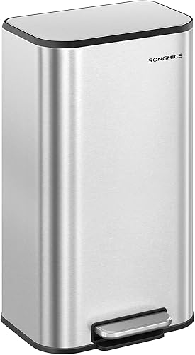 SONGMICS Basurero de cocina de 8 galones (30 L) con tapa, acero inoxidable, cierre suave y se mantiene abierto, cubo interior, pedal antideslizante