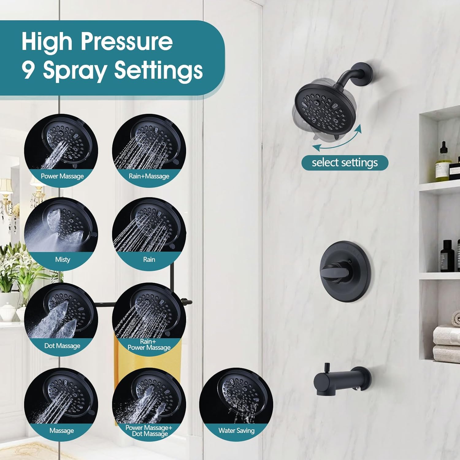 Replacement Faucet Shower Trim Kit for Delta 1300/1400 & 13/14 Series, Tub Shower Faucet Set, High Pressure 9-Setting Rain Shower Head - Matte Black (Valve/Cartridge Not Included)