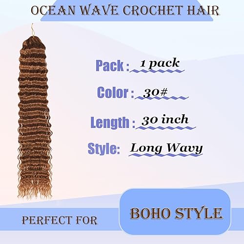 Miniatura 2 de Cabello ondulado de ganchillo Ocean Wave de 30 pulgadas, 1 paquete de cabello largo ondulado ondulado trenzado sintético rizado para mujeres negras