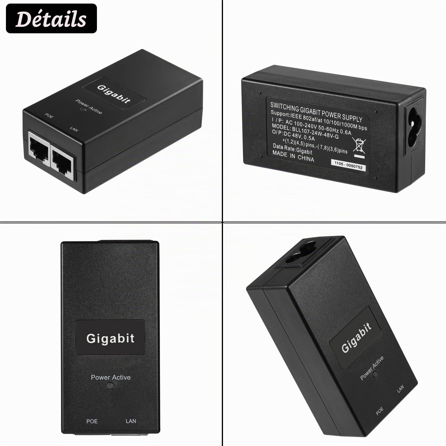 Adaptateur D'injecteur Gigabit PoE, Norme IEEE 802.3af/at PoE+, Puissance Sortie 48V 0.5 A, Vitesse Gigabit 10/100/1000 Mbps, pour Caméra IP/AP/PTZ/téléphone vidéo, Plug and Play (D05A-G)