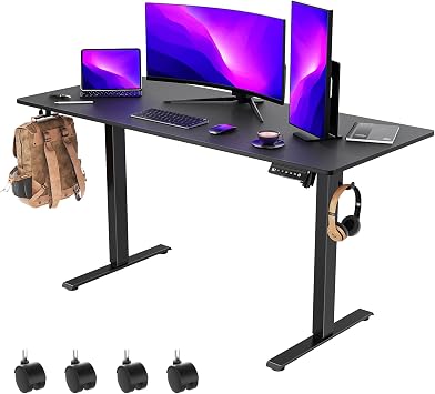 55 x 24 Inch Electric Standing Desk with 4 Wheels, Height Adjustable Desk for Home Office, Sit Stand Desk with 4 Memory Presets, Headphone Hooks and Cable Clips, Splice Board Black