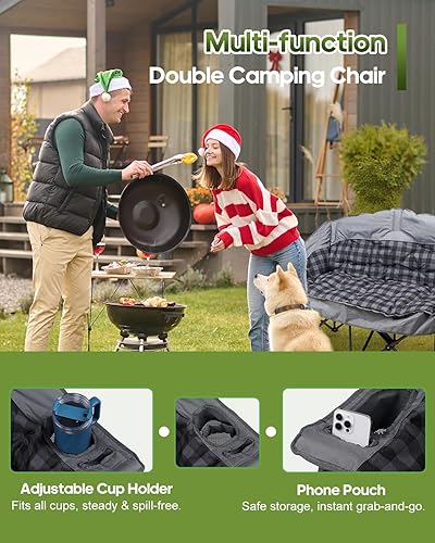 Miniatura 6 de Silla de campamento doble, sofá biplaza de gran tamaño con bolsa de transporte 2 en 1, sillas de campamento extra acolchadas para 2 personas, sofá