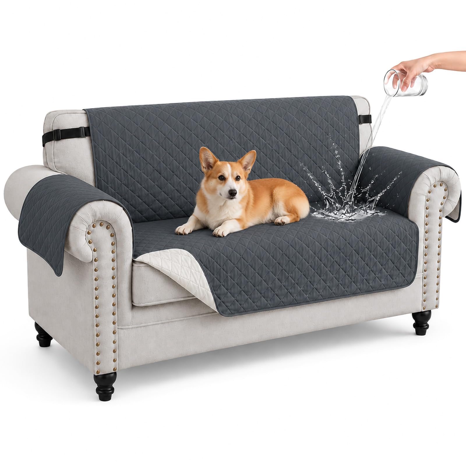Hiiksolo Water Resistant Sofa Cover, Checkered Pattern with Non Slip Elastic Straps, Couch Protector for Dogs, Settee Covers Furniture Slipcovers, 2 Seater Dark Grey
