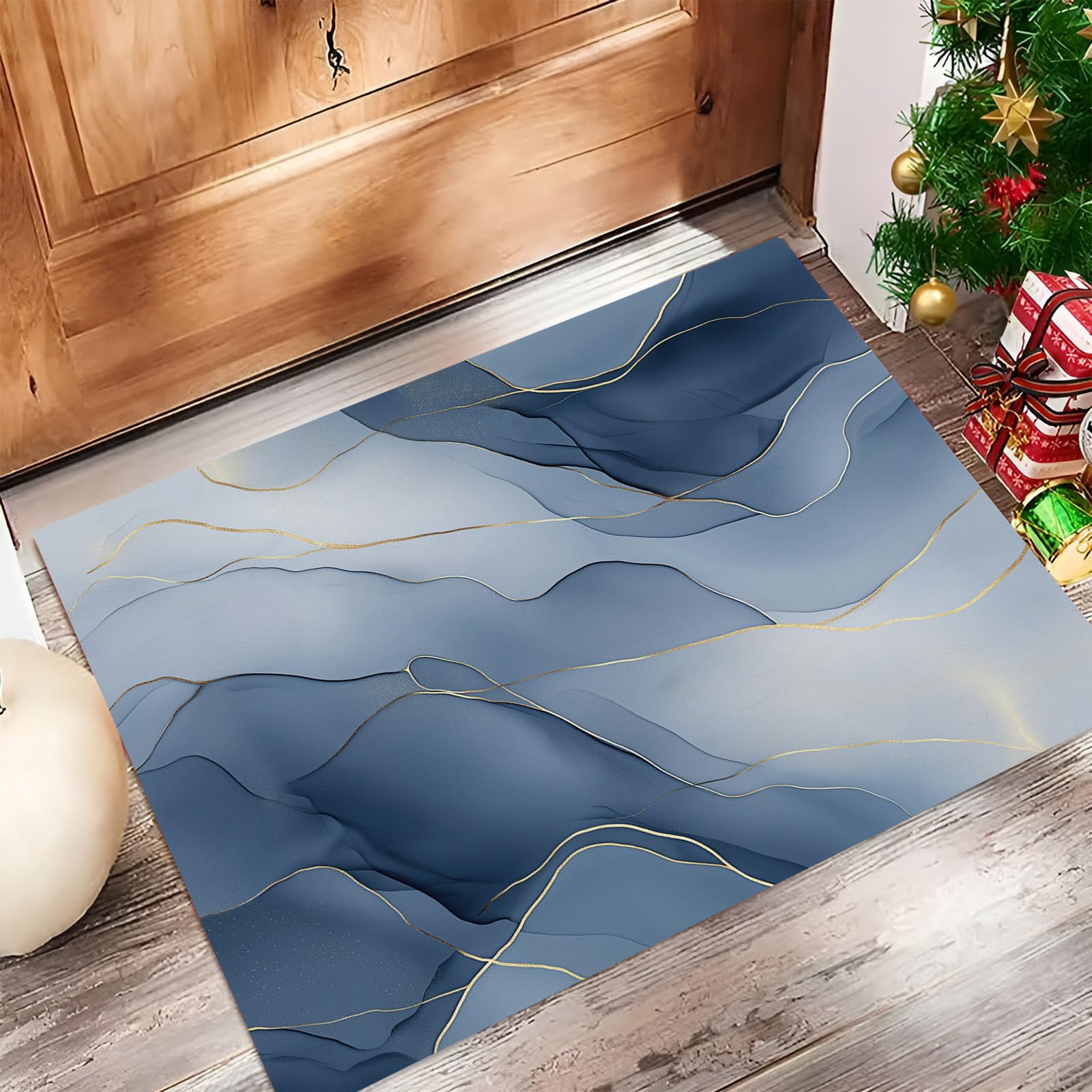 Tapis d'entrée bleu marbre pour protéger le couloir des chiens