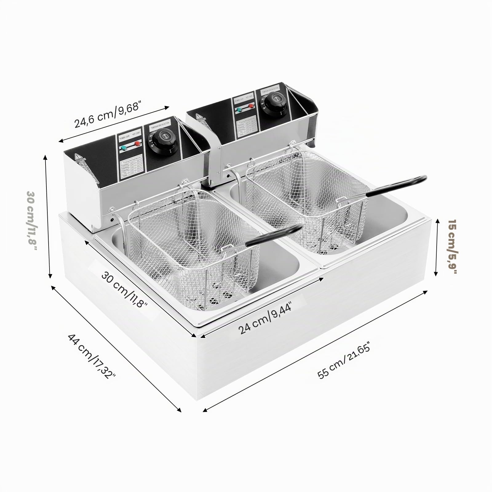 Freidora Eléctrica Profesional 2.5KW+2.5KW, Doble Tanque 12L con Escurridor, Cesta y Tapa, Acero Inoxidable Freidora Eléctrica Comercial para Restaurantes Comerciales