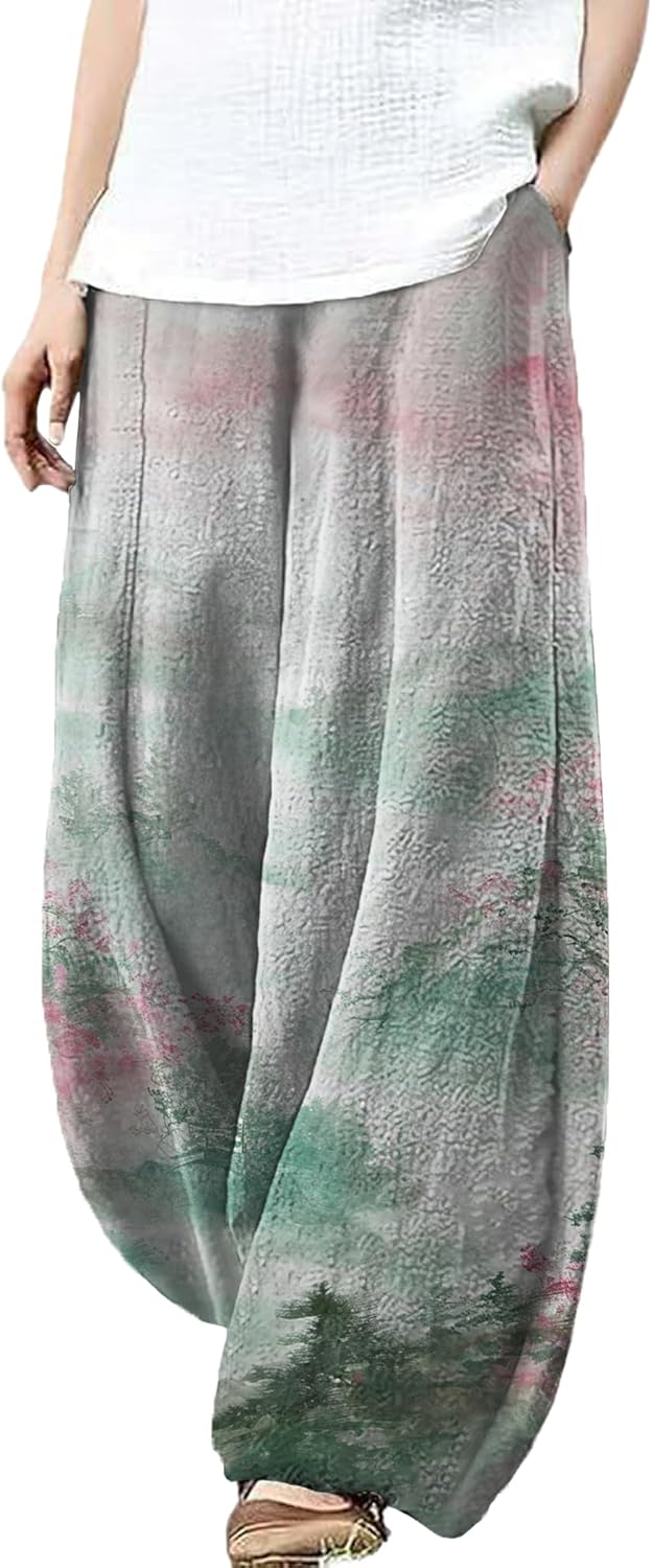 MARSVOVO Harem Pants Women Casual Baggy Wide Leg Palazzo Pants with Pockets Elastic Waist Travel Trousers Pants Oversize