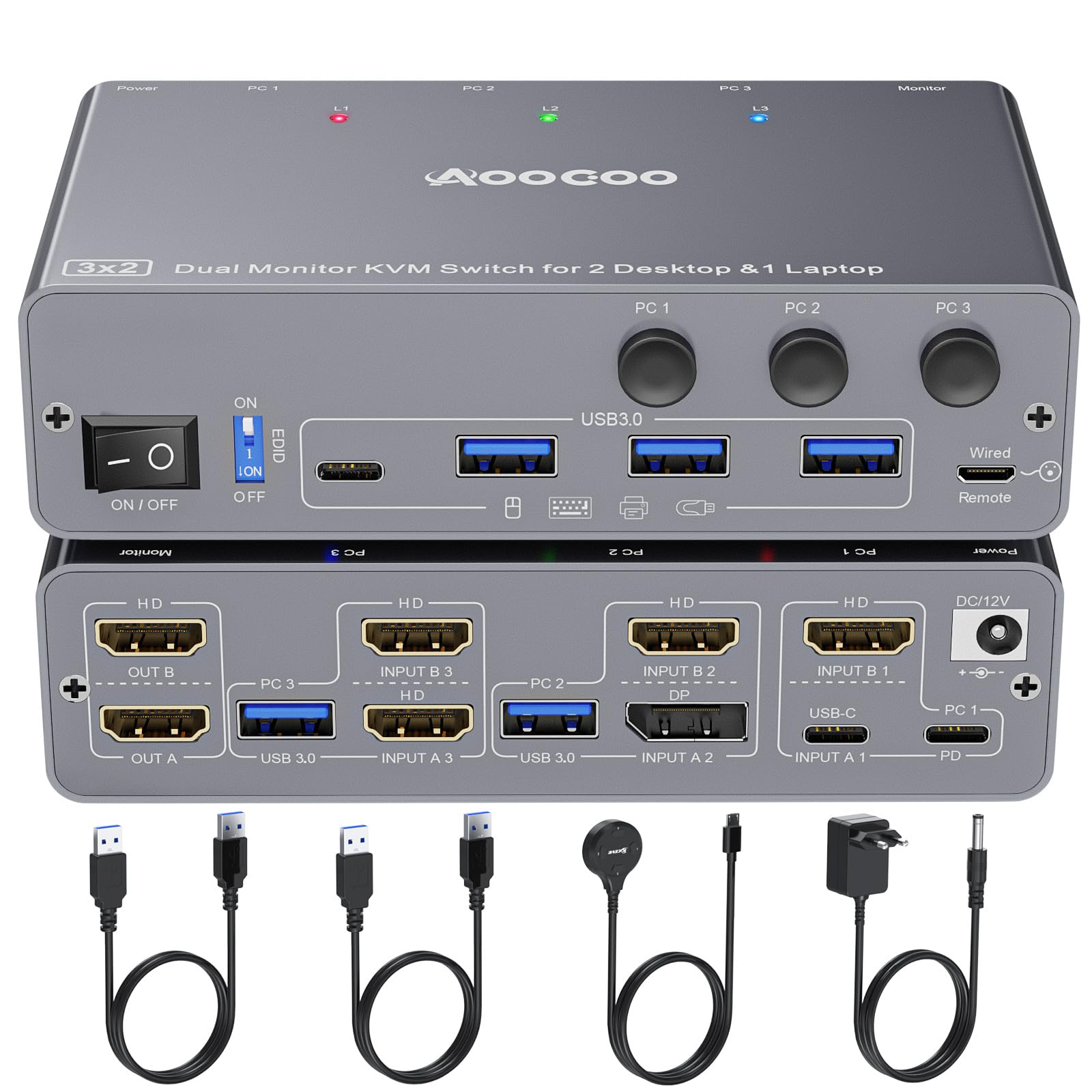 USB C KVM Switch 4K@60Hz, Dual Monitore KVM Switch für 2 PC und 1 Laptop mit EDIDEmulation,4 USB 3.0 Häfen, PD Stromversorgung für Laptop, Kabelfernbedienung, USB Kabel im Lieferumfang enthalten