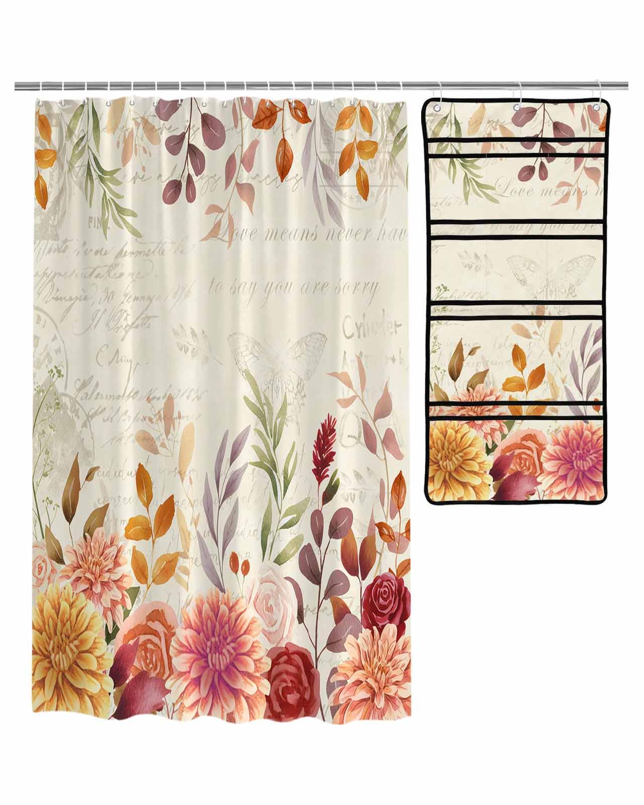 Decorative Shower Curtain Sets Thanksgiving Fall Fabric Waterproof Shower Curtains Vintage Autumn Flowers Eucalyptus Leaf Beige Mesh Shower