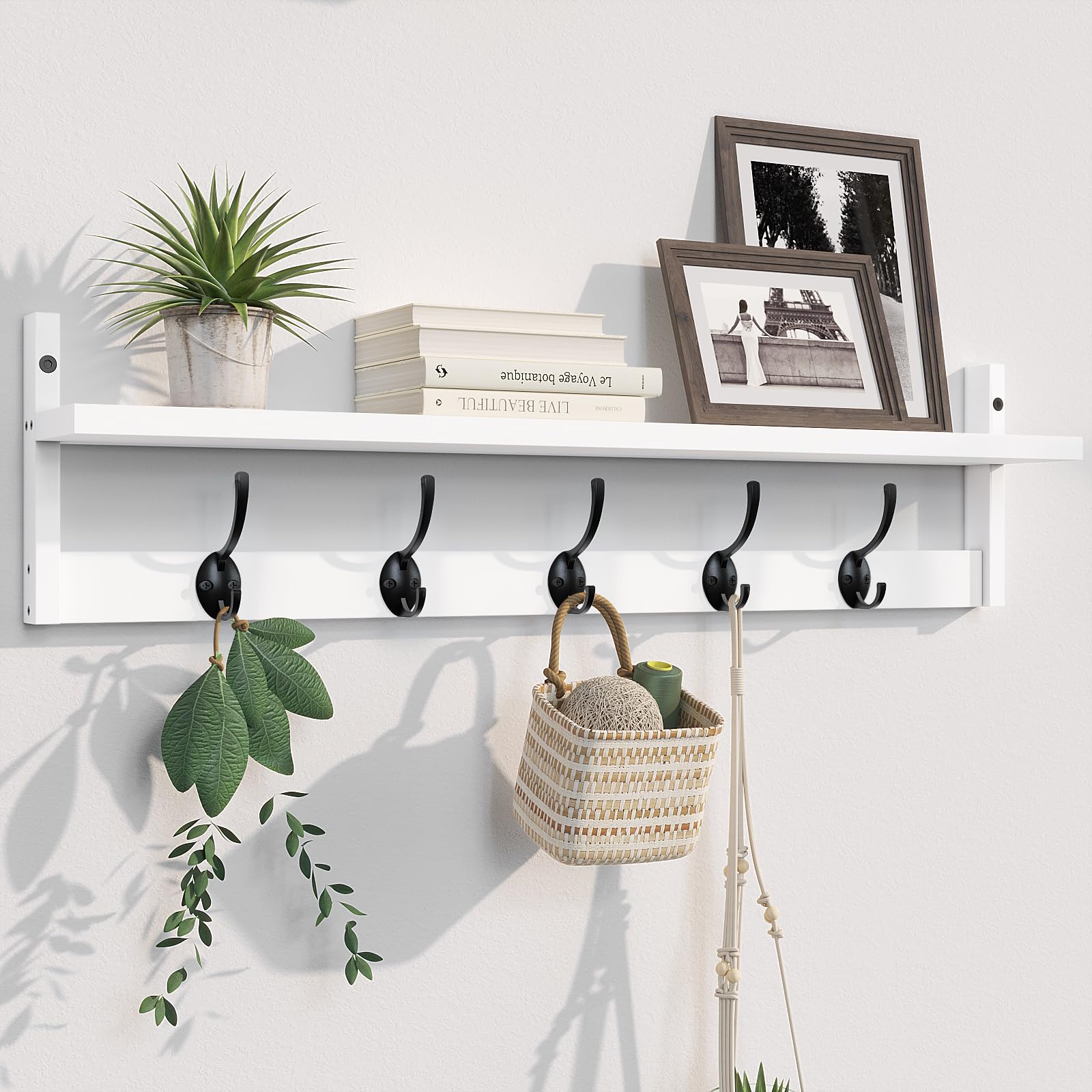BAMEOS Wall-Mounted Wood Shelf with 5 Dual Hooks