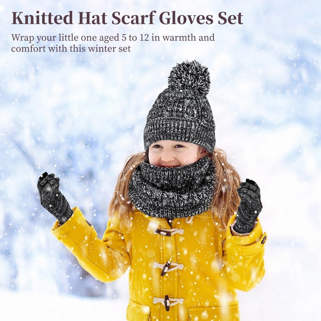 Knitted Hat And Scarf Gloves Set For Kids, Insulated Beanie, Neck Warmer And Thermal Gloves, Winter Warmth Collection For Ages Five To Twelve