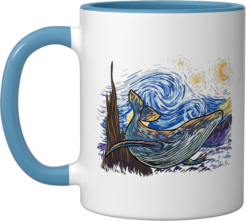 Humpback Whale Van Gogh Design for Whale Watching Ceramic Mug, Blue/White