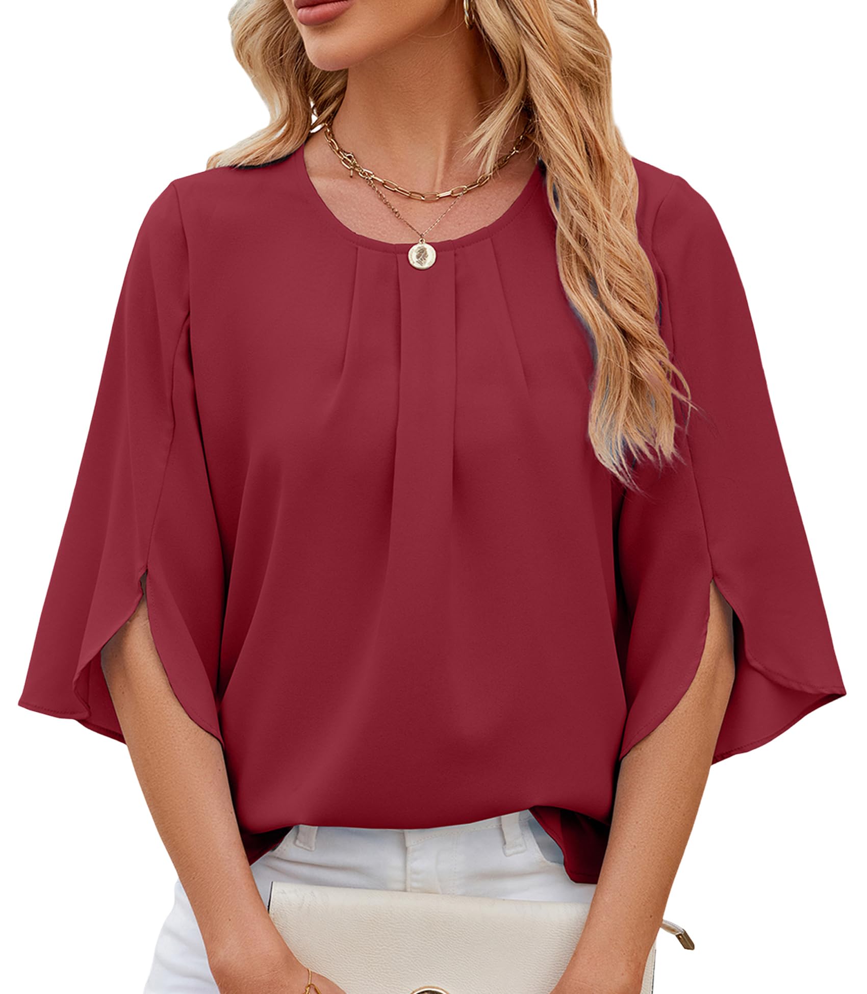 HANERDUN Damen Bluse Flowy Chiffon Blusenshirt Sommer Shirts Elegant 3/4 Arm Kurze Tunika Falten Rundhals Tops Casual Oberteile Locker Hemd Streetwear