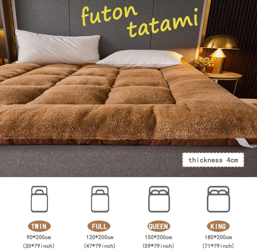 Soft Plush Mattress Topper Mattress Topper Sheet Protector Lamb Fleece Japanese Futon Mattress Floor Mattress for Adults Dormitory Mattress Tatami Mat Sleeping Pad,Brown,150x200cm 1.6kg