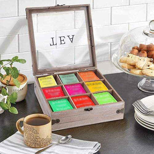 Miniatura 4 de handrong Organizador de caja de té, almacenamiento rústico para bolsitas de té, soporte para bolsas de té para paquetes de cápsulas de azúcar y más,