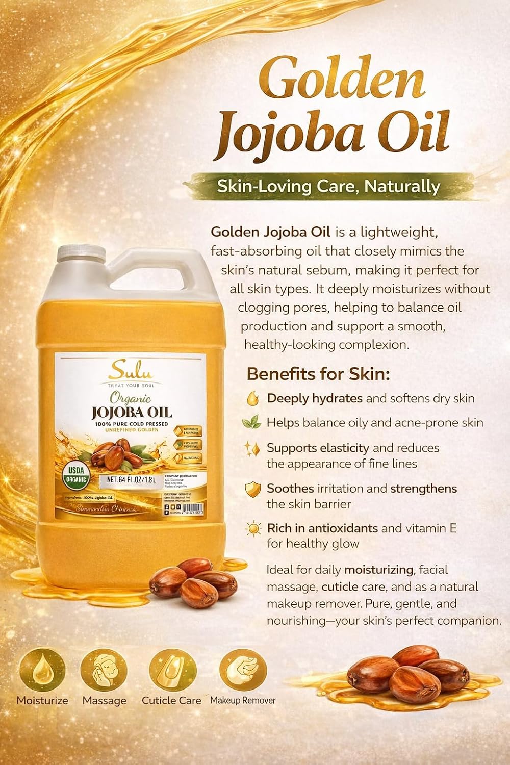 SULU ORGANICS Certified Organic Cold Pressed Unrefined Raw Uncut Golden Jojoba Oil- 64 fl.oz/ 4 lbs