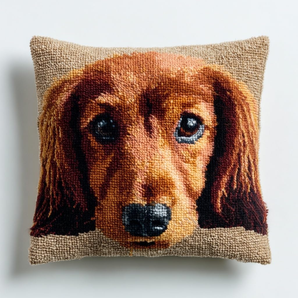 DIY Latch Hook Pillow Kit Brown Long Hair Dachshund Dog Face Easy for Beginners Color-Stamped Canvas Cushion 43x43cm Sofa Bedroom Decor Craft-1