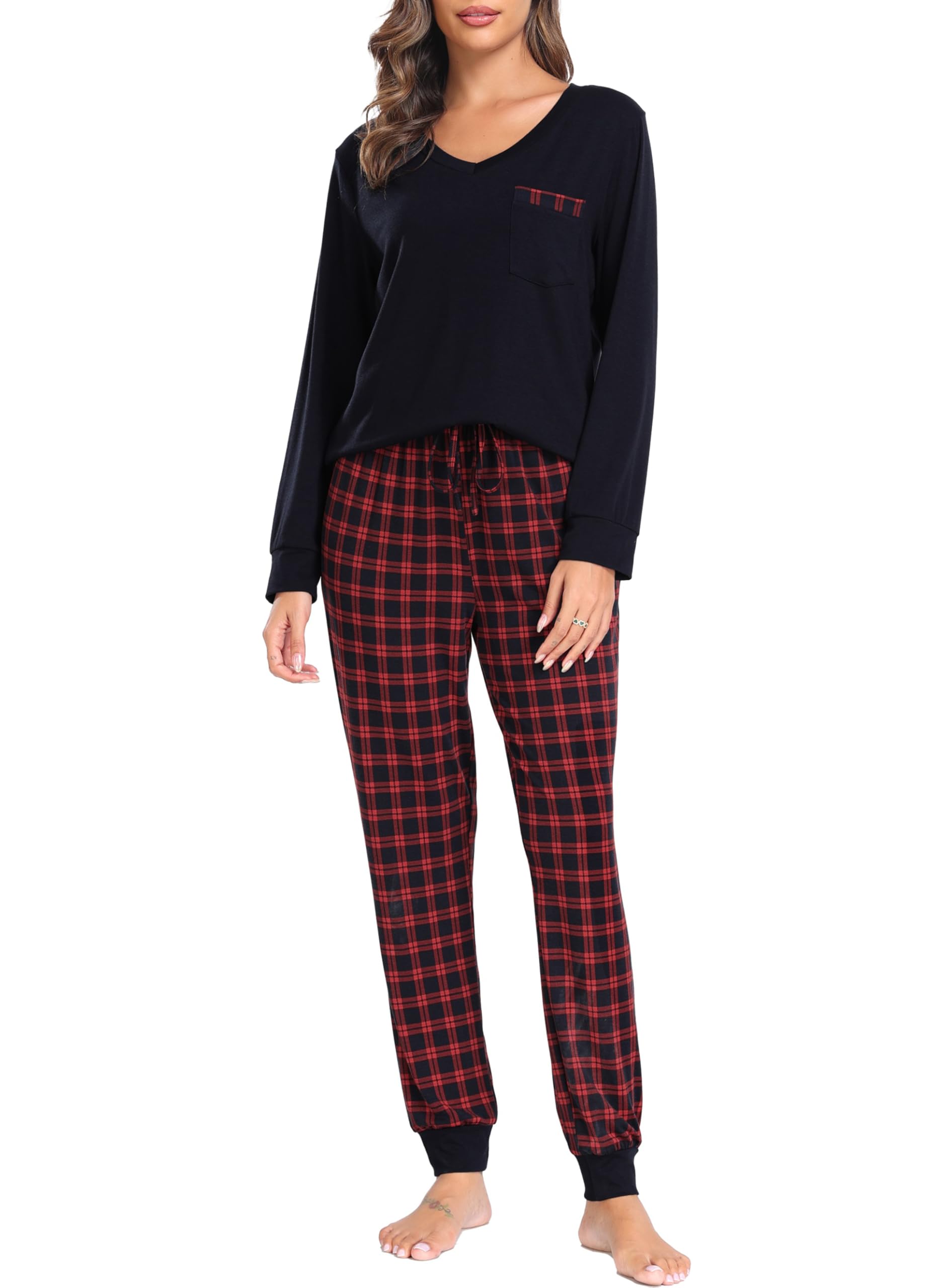 Sopesil Damespyjama-sets, zachte 2-delige dames pyjamas, lange topjes en geruite broeken, loungekleding met trekkoordzakken, UK maat 6-24, A-wijn Rood, XL