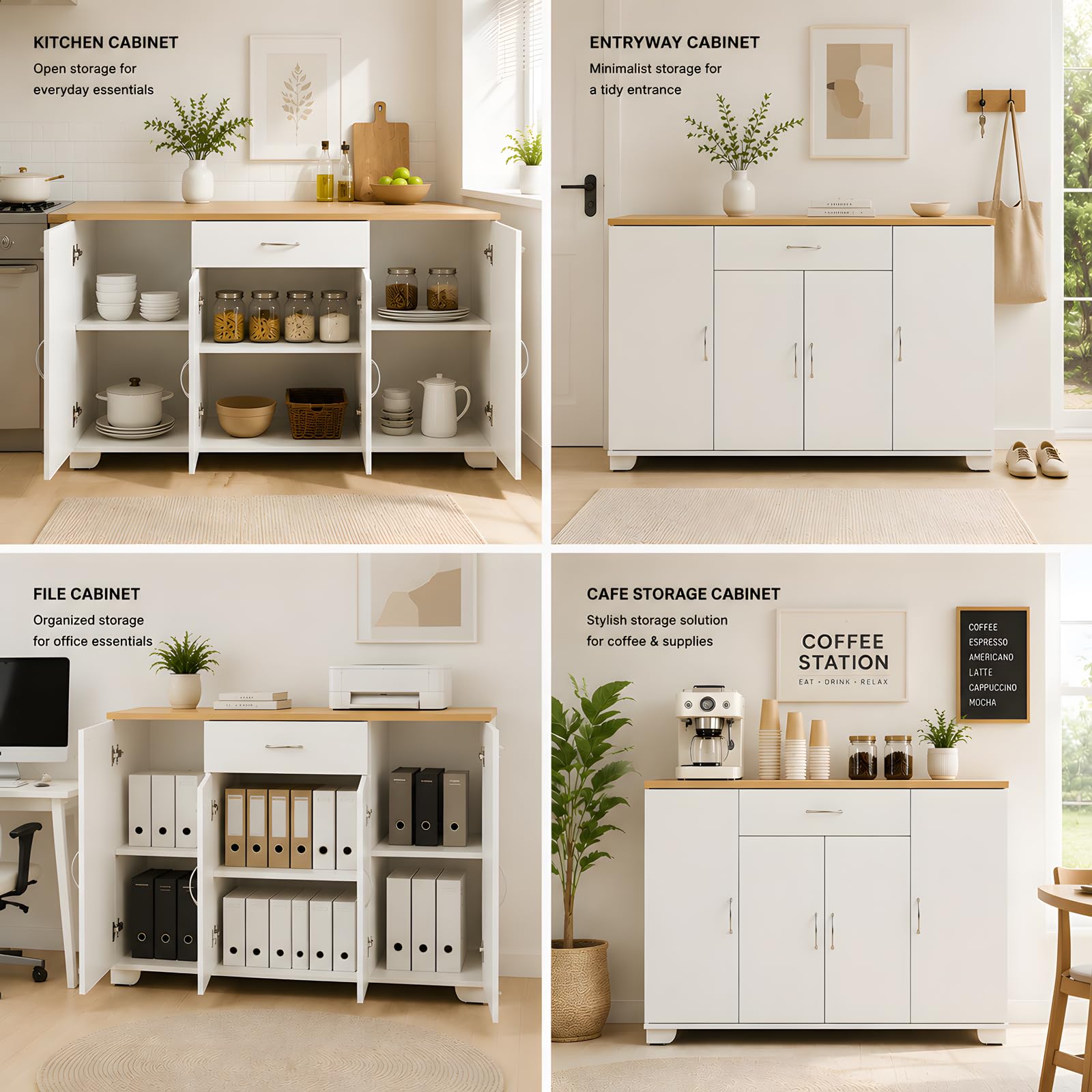 Set 2 Credenze Sala da Pranzo Lunghe 220cm, Buffet XXL Sottile Bianco e Rovere, Madia con 8 Ante 2 Cassetti per Soggiorno e Open Space, 220x30x70