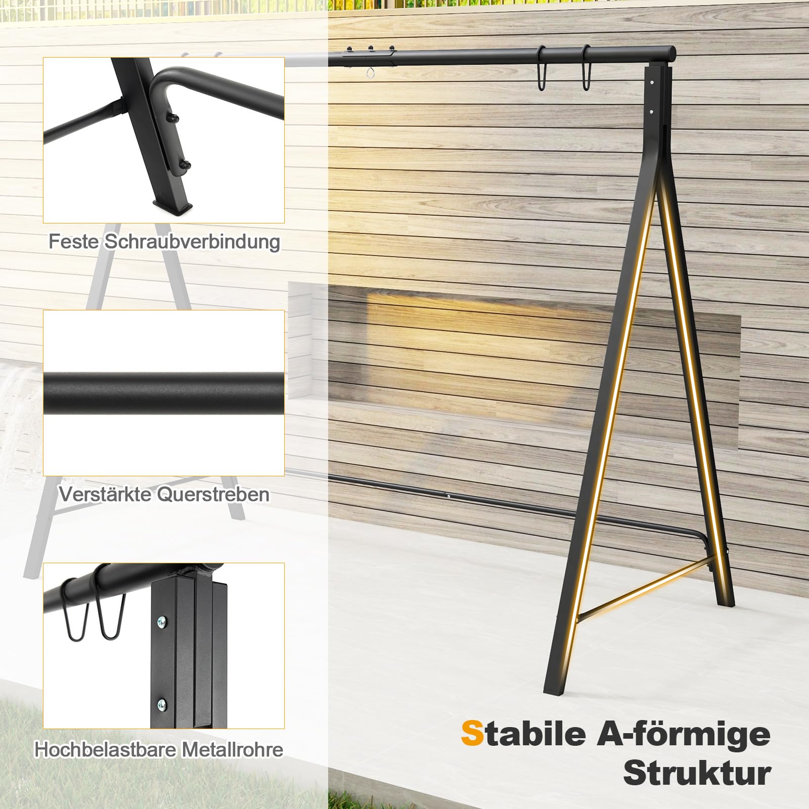 COSTWAY Schaukelgestell mit 5 Aufhängeringen, Gestell für Hängebank/Schaukelbank/Nestschaukel/Hängesessel, Schaukelgerüst aus Metall, für Garten, Veranda, Schwarz