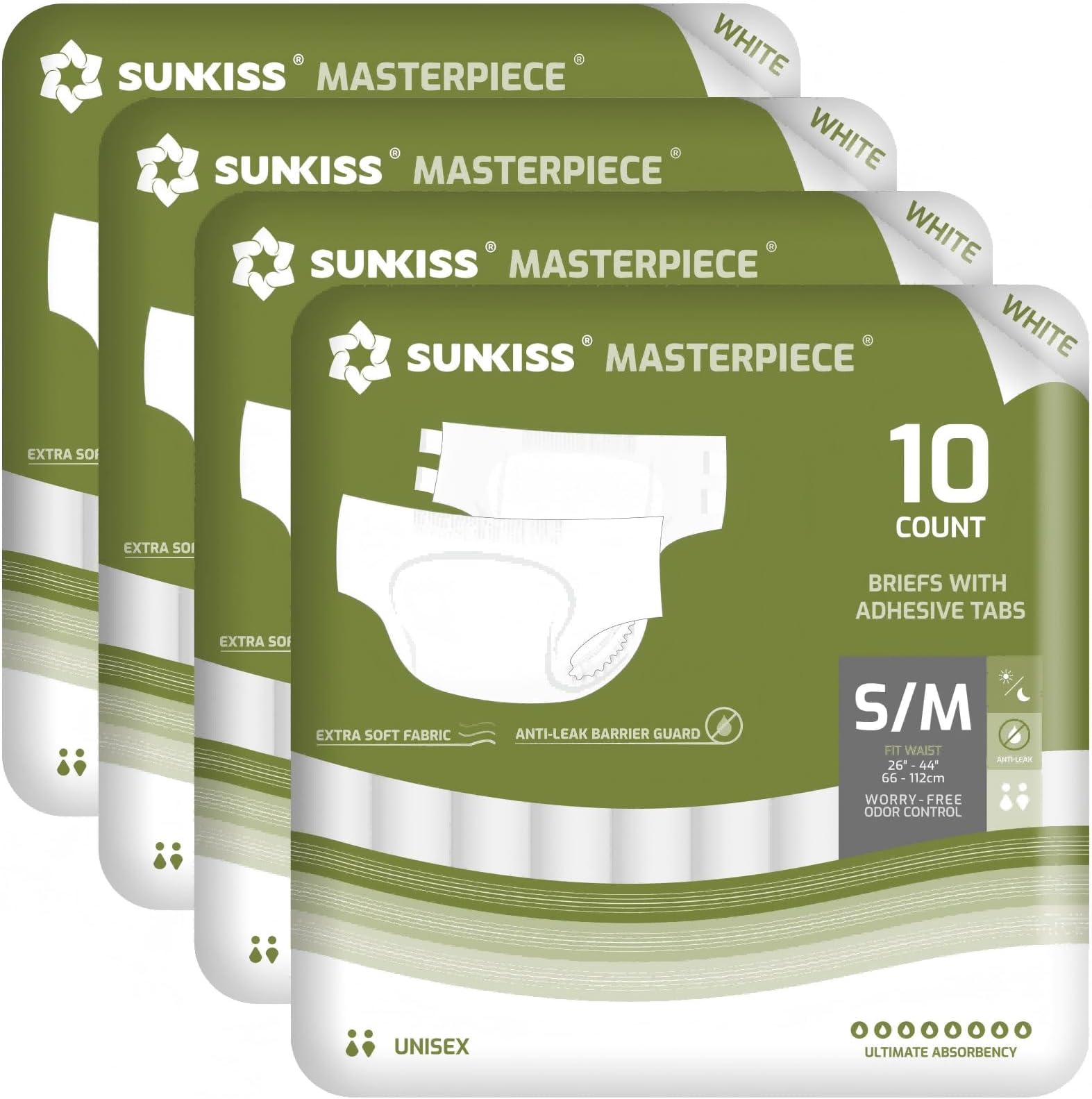 SUNKISS Masterpiece Adult Diapers with Ultimate Absorbency, Unisex Disposable Incontinence Briefs with Tabs for Women and Men, Odor Control, White, S/M, 40 Count (4 Packs of 10)