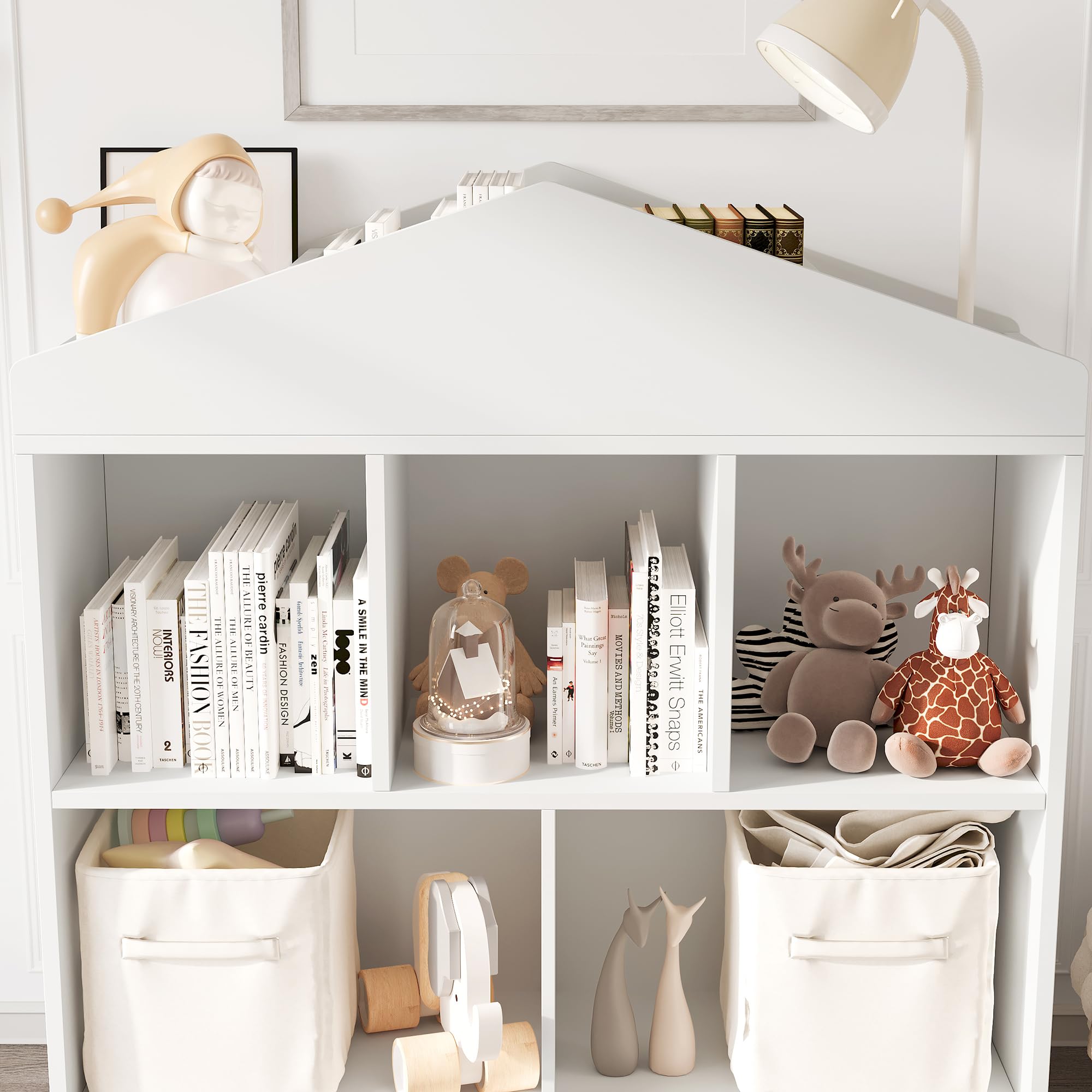 GarveeHome Estantería Infantil Blanca de Madera con 5 Compartimentos y Techo - Organizador Moderno para Libros y Juguetes Habitaciones Infantiles, aulas y Salas de Juegos - Blanco