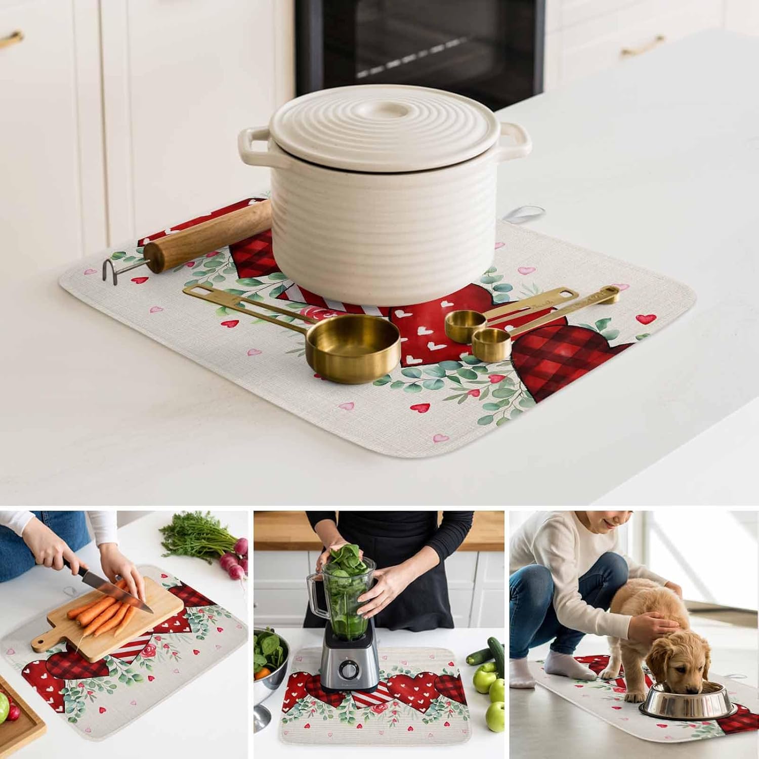 Rural Leaf Valentine's Day Red Love Dish Drying Mats for Kitchen Counter,Absorbent Microfiber Dish Drainer Rack Mat Rustic Rose Farm Linen Drying Pad for Sinks,Utensils,Countertops,18x24in