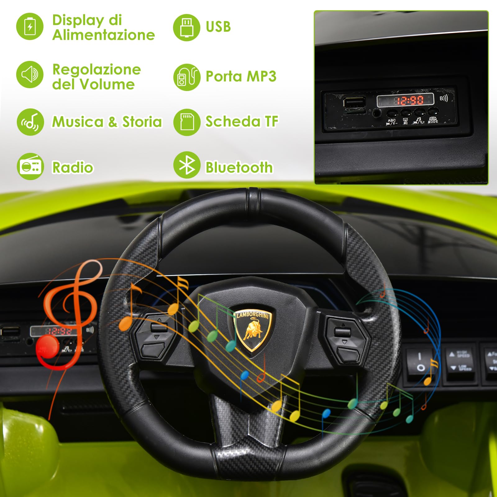 COSTWAY Macchina Elettrica Lamborghini per Bambini da 12V, Veicolo Elettrico con Luci LED MP3 Telecomando, Fino a 5km/h, +3 Anni (Verde)