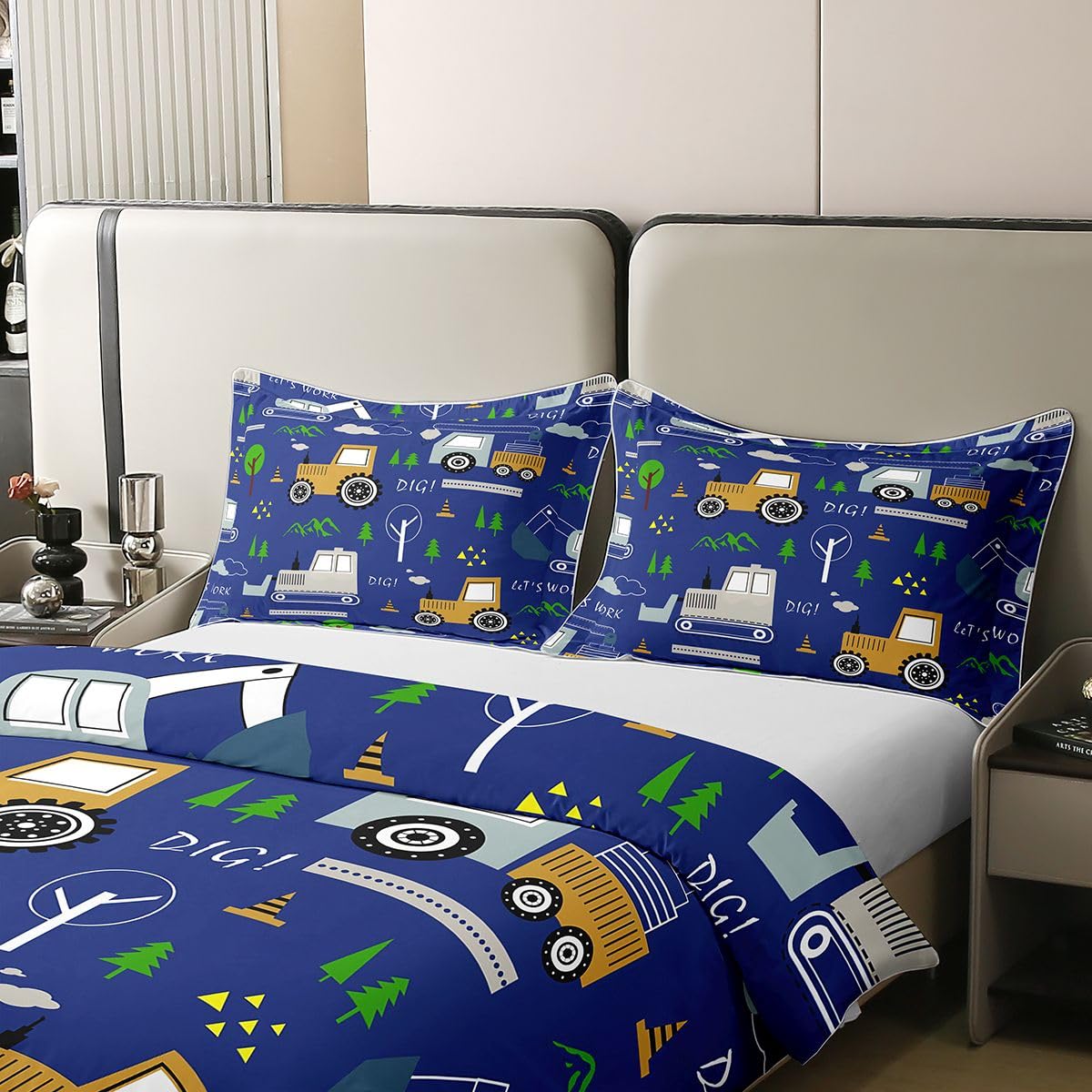 Loussiesd Budowa poszwa na kołdrę 100% bawełna king size wyposażenie ciężarówki zestaw pościeli dla dzieci koparka ciągnik kołdra pokrowiec na pojazdy budowlane 3 szt. żółte zapięcie na zamek