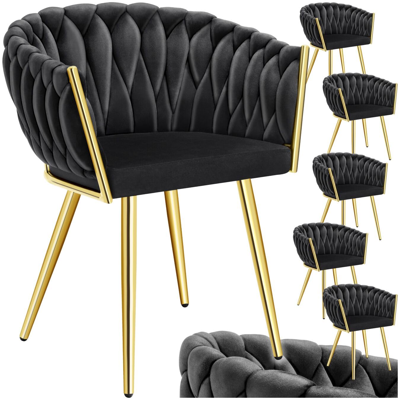 tectake® Set di 6 Sedie da Pranzo con Braccioli, Sedie Soggiorno in Velluto Extra Fine, Design Elegante a Nodo, Poltrone Velluto con Morbida Imbottitura, Sedie per Sala da Pranzo Versatili - Nero/Oro